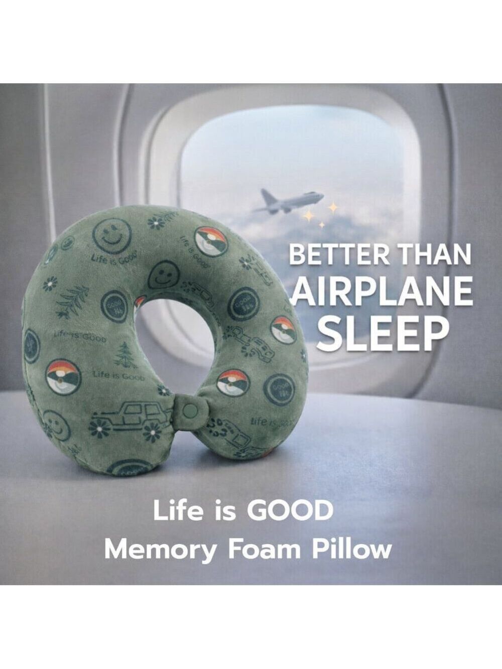 Life Is Good Memory Foam Travel Neck Pillow Green Smiley Snap Washable Cover